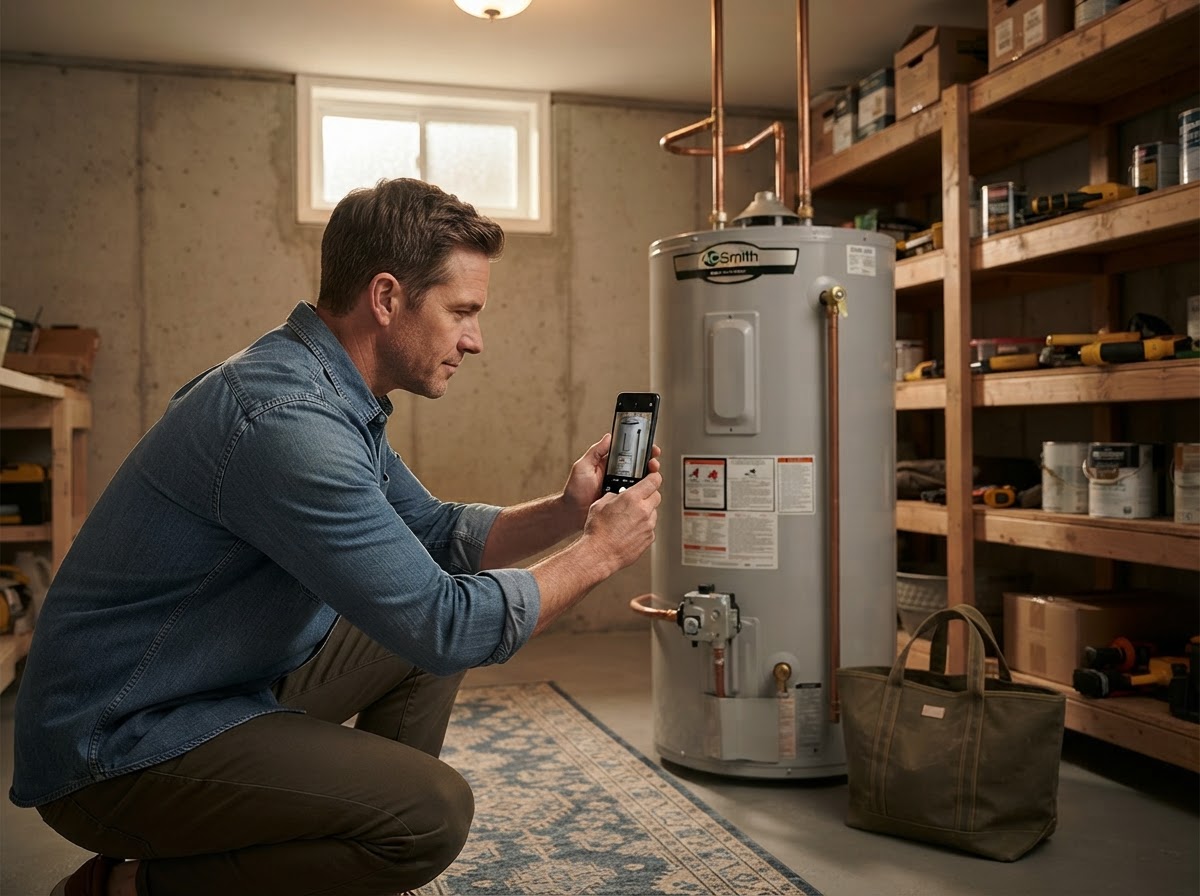 A homeowner photographing the water heater to capture it