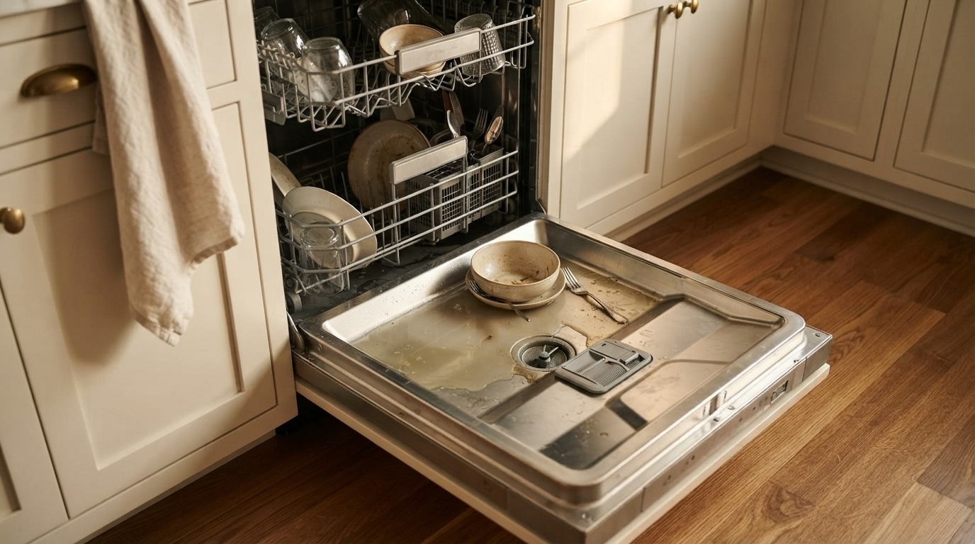 A dishwasher with standing water at the bottom